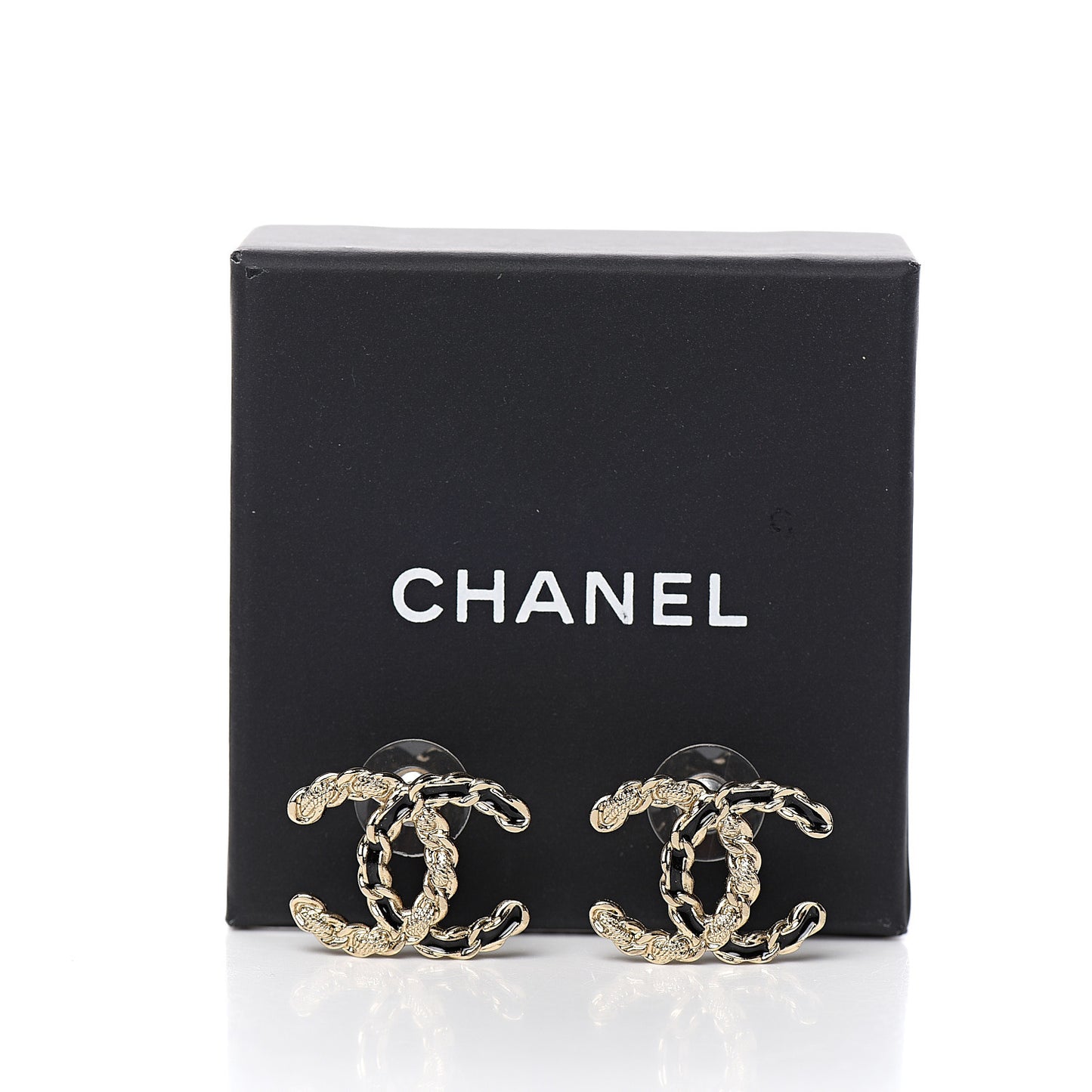 Enamel Metal Chain French New Wave CC Earrings Black Gold