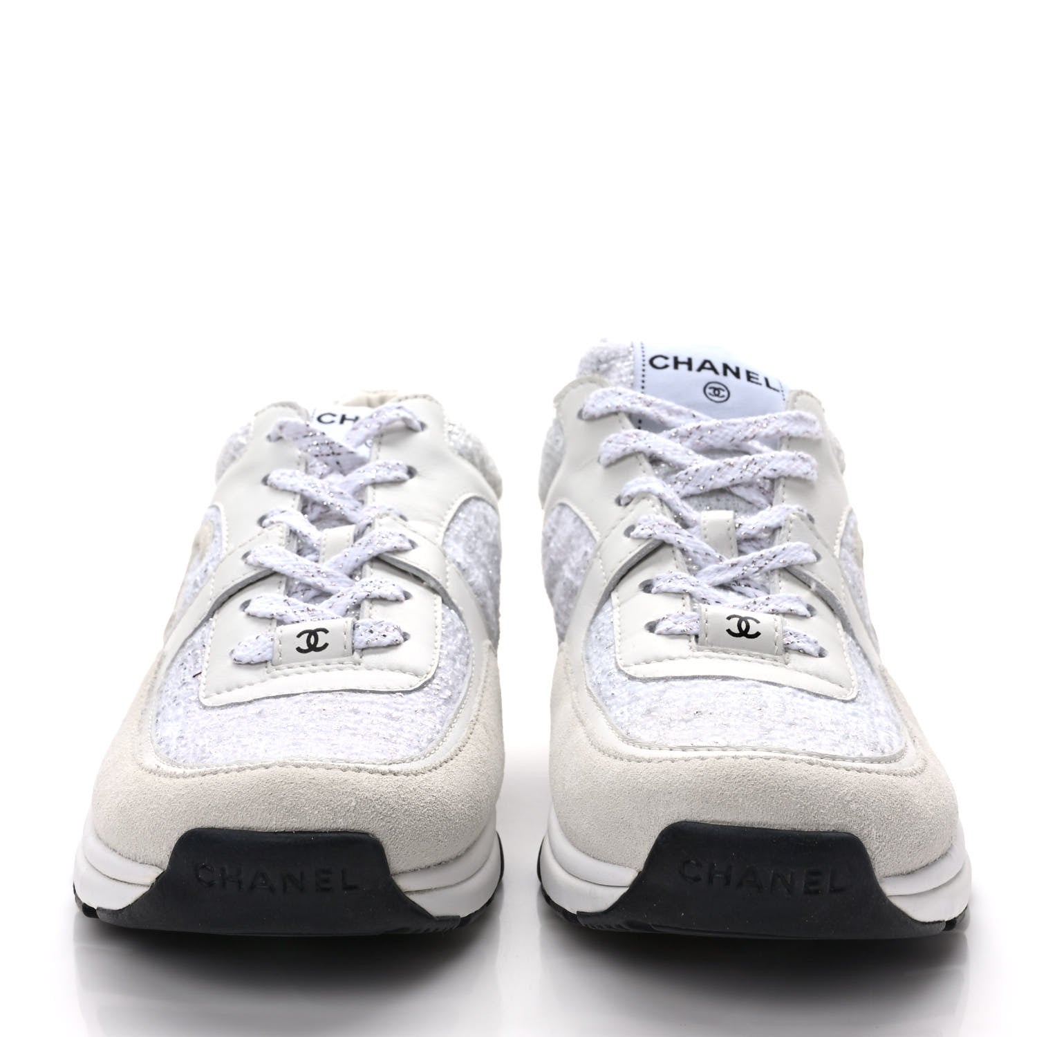 Chanel Painted Iridescent Cotton Tweed Suede Calfskin Womens CC Sneakers 39 White Silver Multicolor 2 of 9