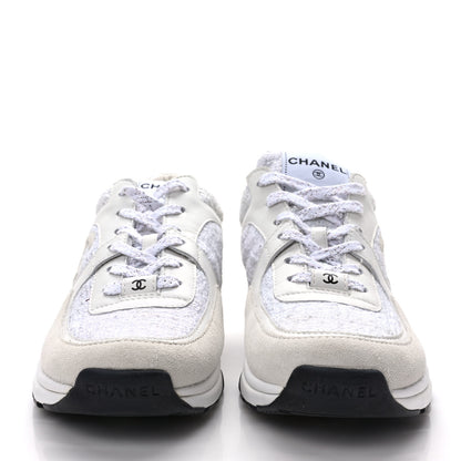 Chanel Painted Iridescent Cotton Tweed Suede Calfskin Womens CC Sneakers 39 White Silver Multicolor 2 of 9