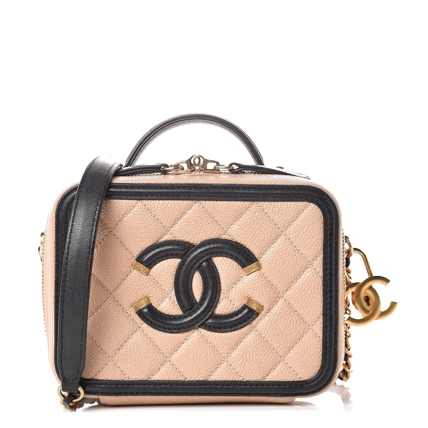 Caviar Quilted Small CC Filigree Vanity Case Beige Black