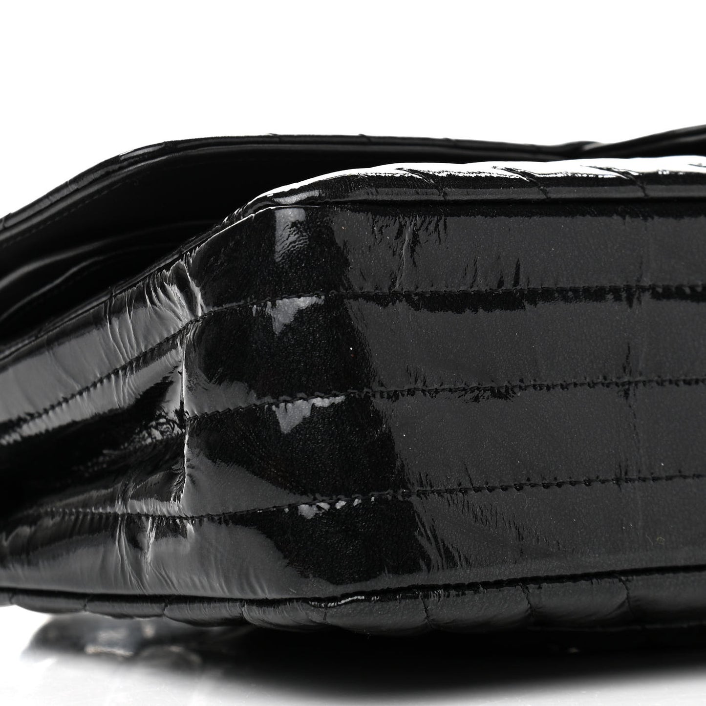 Metallic Patent Crumpled Calfskin Chevron Quilted Medium Double Flap So Black