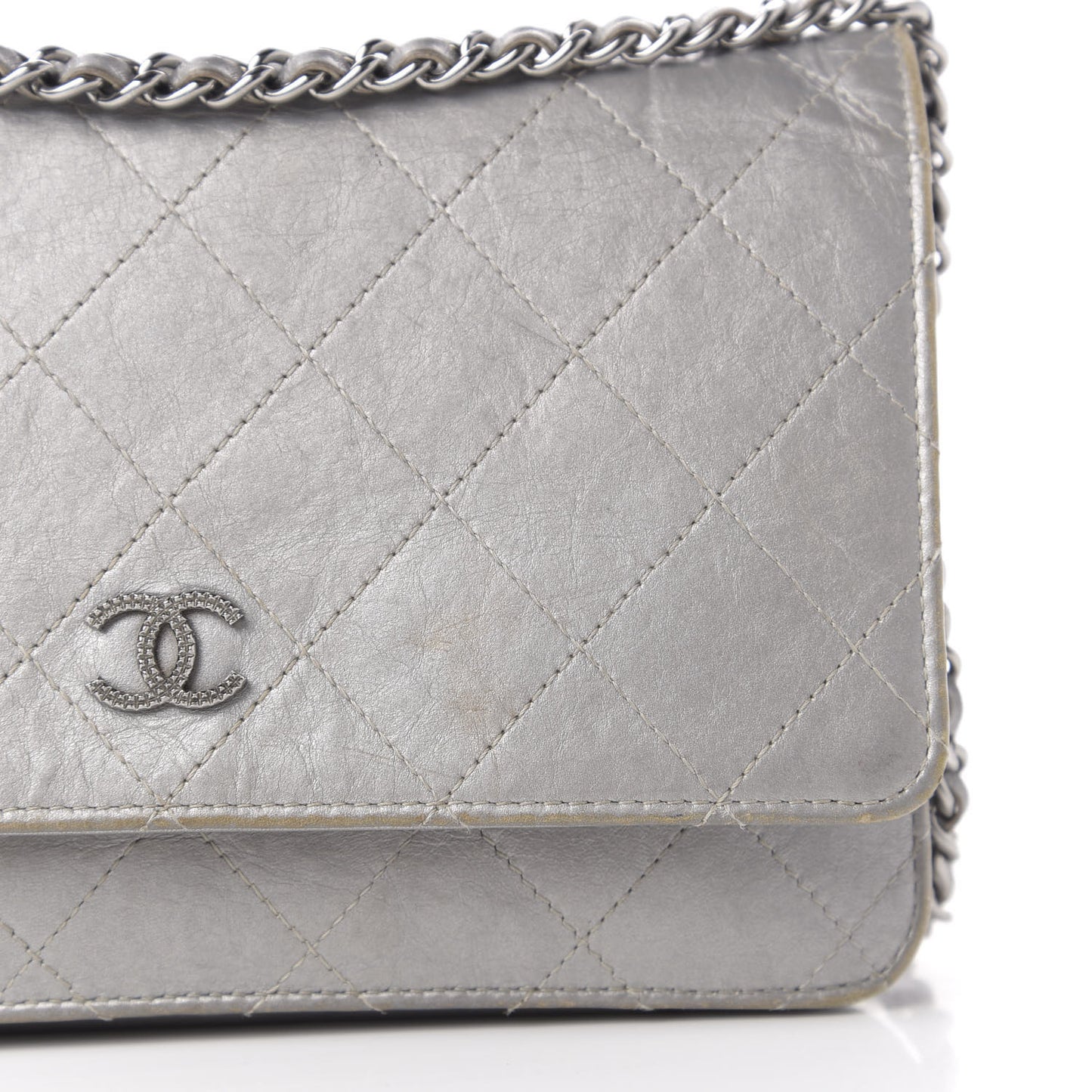 Metallic Aged Calfskin Quilted Wallet On Chain WOC Silver