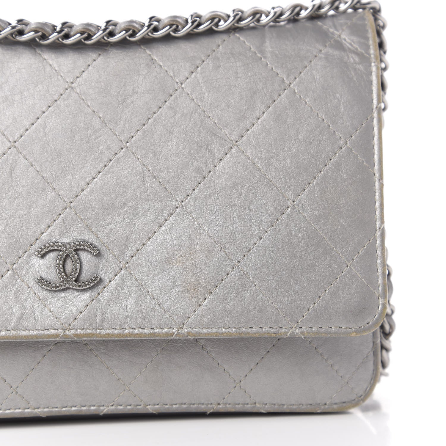 Chanel Metallic Aged Calfskin Quilted Wallet On Chain WOC Silver 10 of 13
