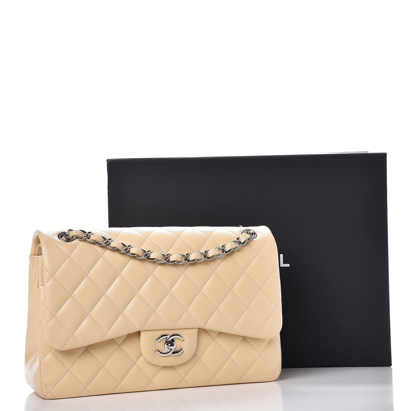 Caviar Quilted Jumbo Double Flap Beige Clair