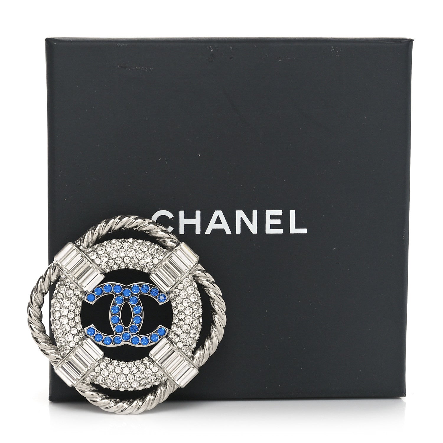 Chanel Crystal CC Lifesaver Pin Brooch Silver Blue 4 of 4