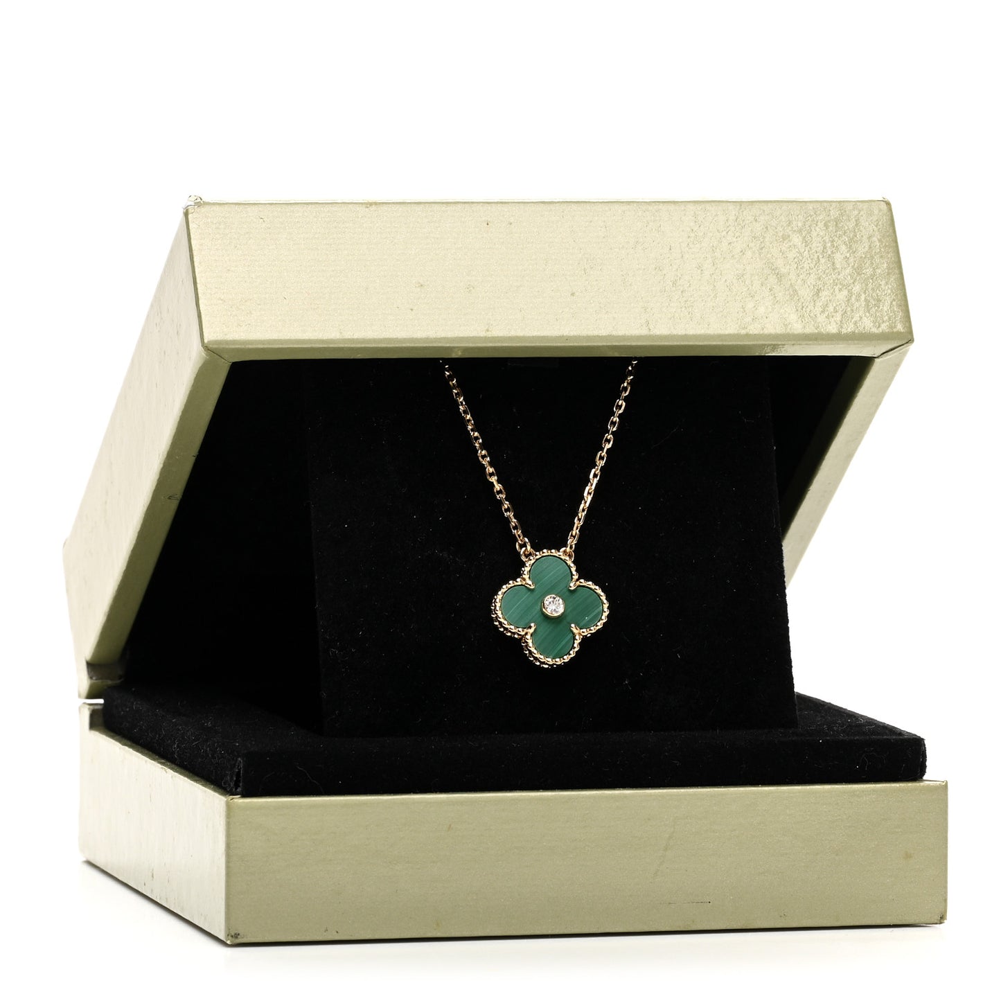 18K Yellow Gold Diamond Malachite Vintage Alhambra Pendant Necklace