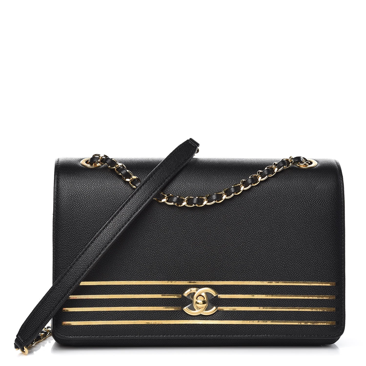 Chanel Grained Calfskin Embroidered Captain Gold Flap Bag Black 1 of 8