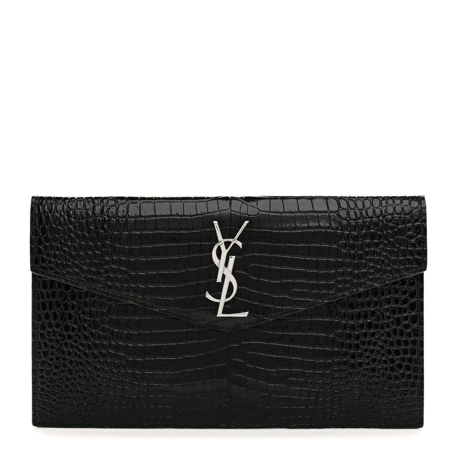Saint Laurent Calfskin Crocodile Embossed Uptown Monogram Pouch Black 1 of 8