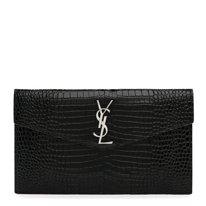Saint Laurent Calfskin Crocodile Embossed Uptown Monogram Pouch Black 1 of 8