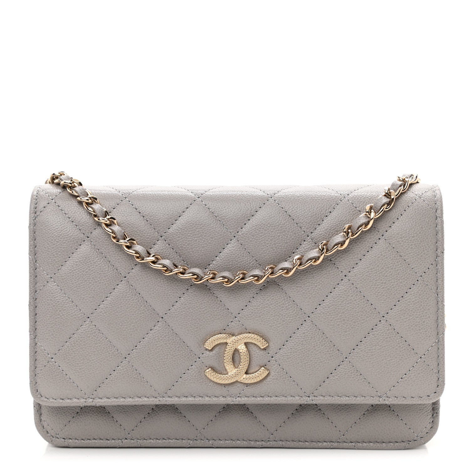 Chanel Caviar Quilted Studded CC Wallet On Chain WOC Grey 1 of 12