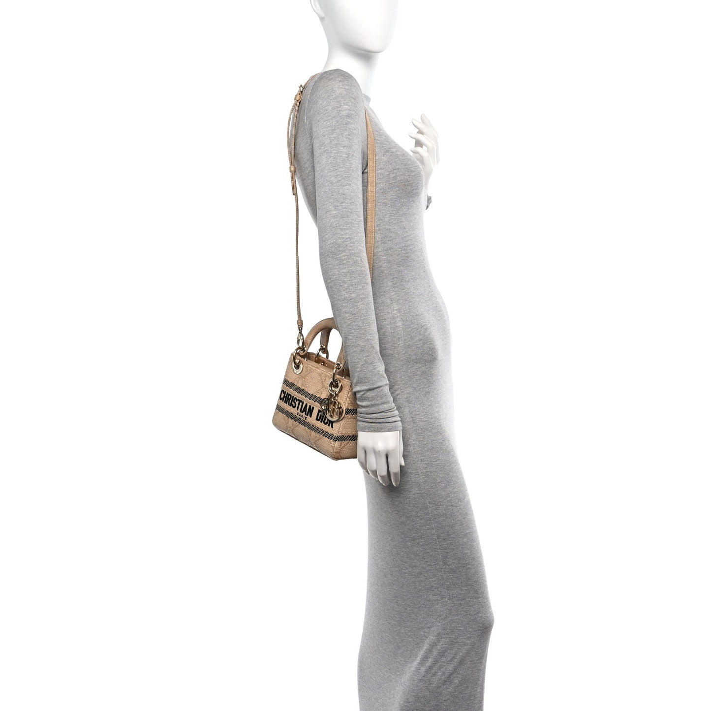 Raffia Woven Cannage Embroidered Mini Lady D-Lite Natural Black