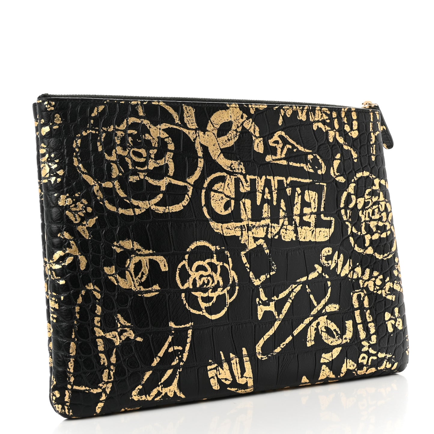 Calfskin Crocodile Embossed Graffiti 2.55 Medium Cocodile Reissue Cosmetic Case Black Gold