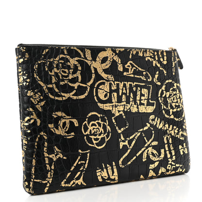 Chanel Calfskin Crocodile Embossed Graffiti 2.55 Medium Cocodile Reissue Cosmetic Case Black Gold 3 of 7