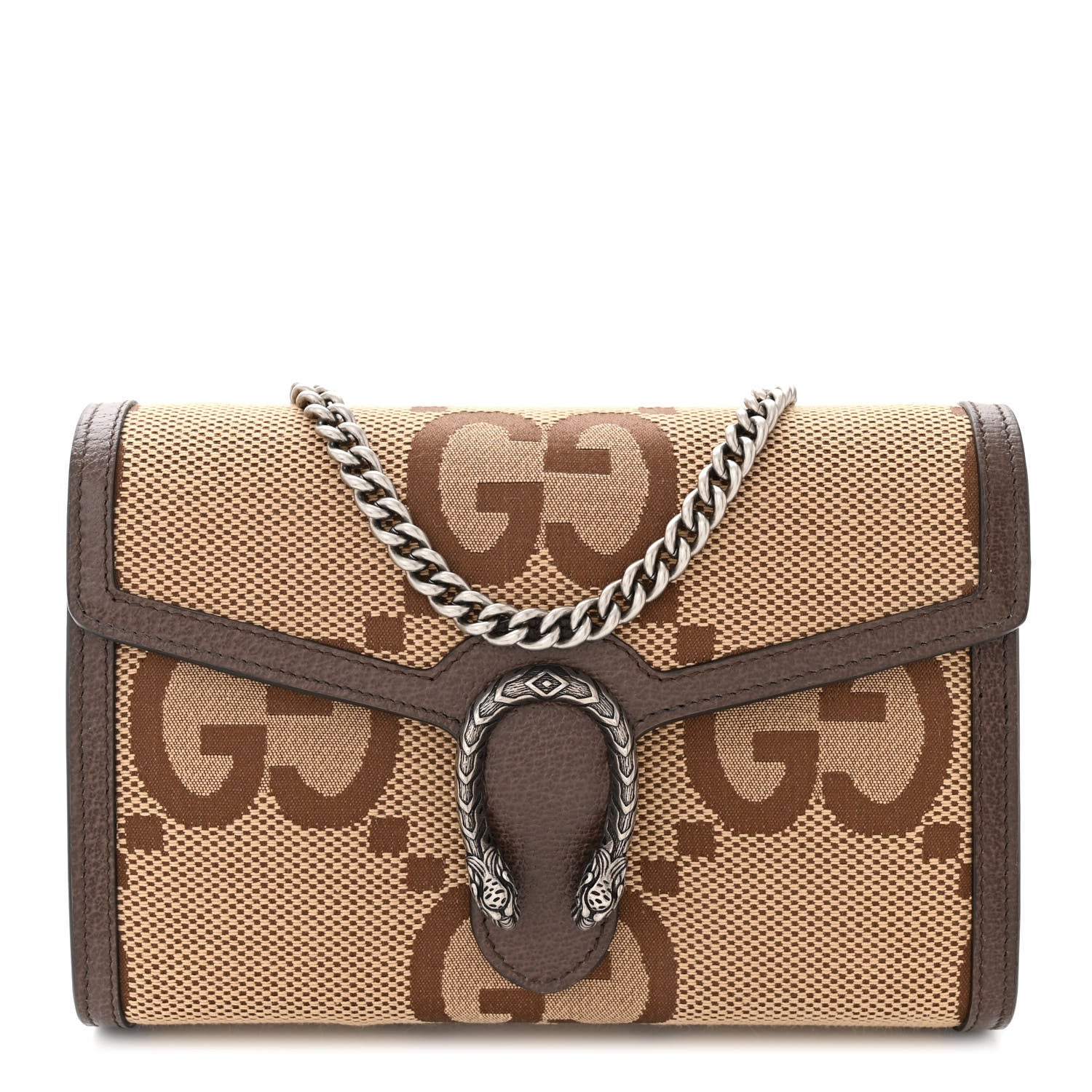 Gucci Monogram Jumbo GG Textured Dollar Calfskin Mini Dionysus Chain Wallet Camel Ebony New Acero 1 of 11