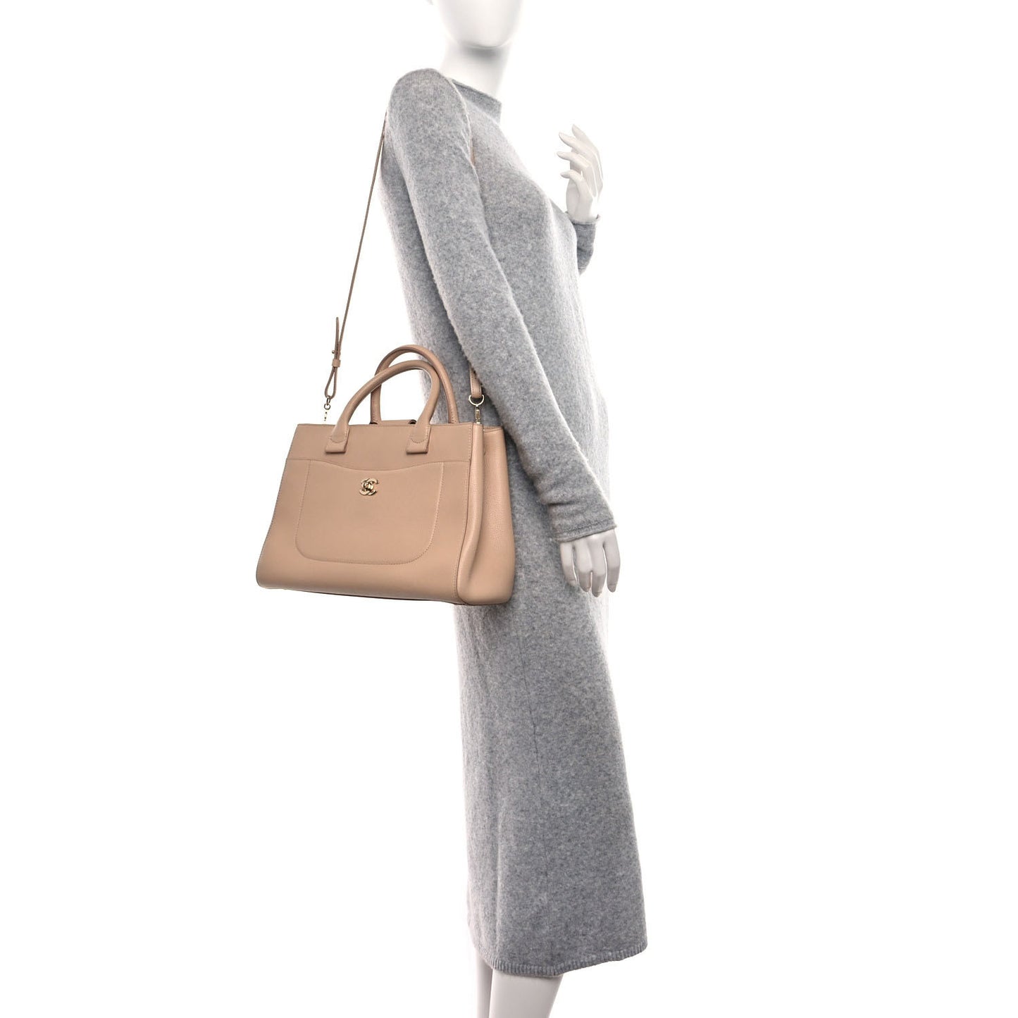 Grained Calfskin Small Neo Executive Shopper Tote Beige