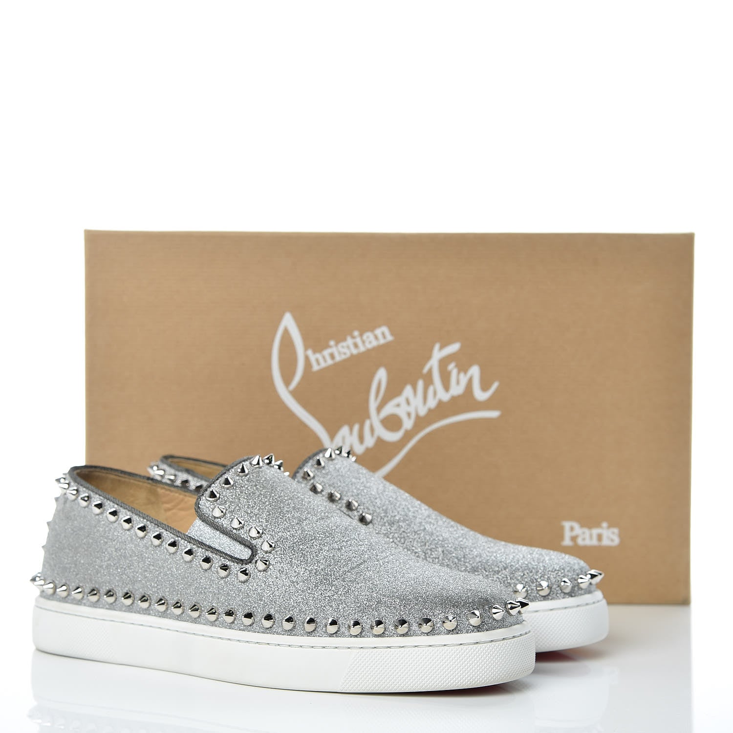 Christian Louboutin Calfskin Spikes Womens Pik Boat Glitter Sneakers 37 Silver 9 of 9