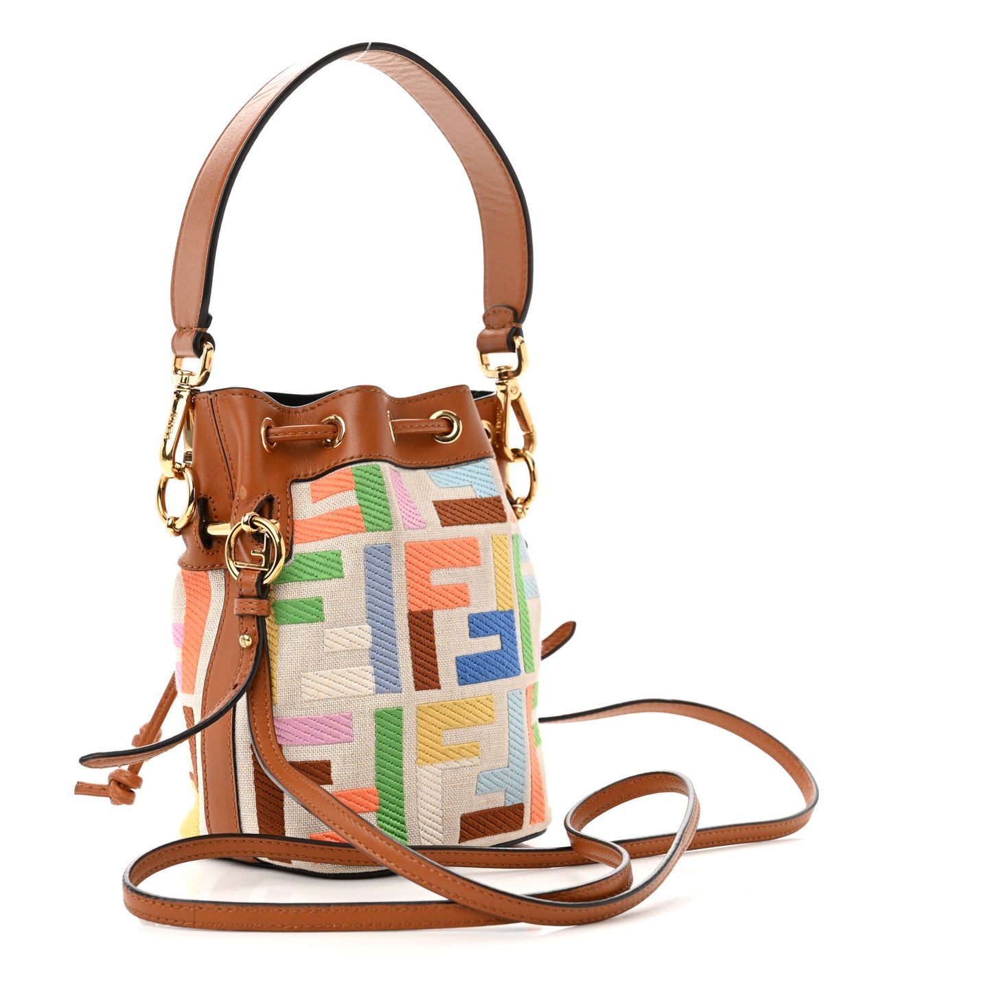 Kuban Canvas Vitello King F is Fendi FF Embroidered Mini Mon Tresor Bucket Bag Multicolor Cuoio