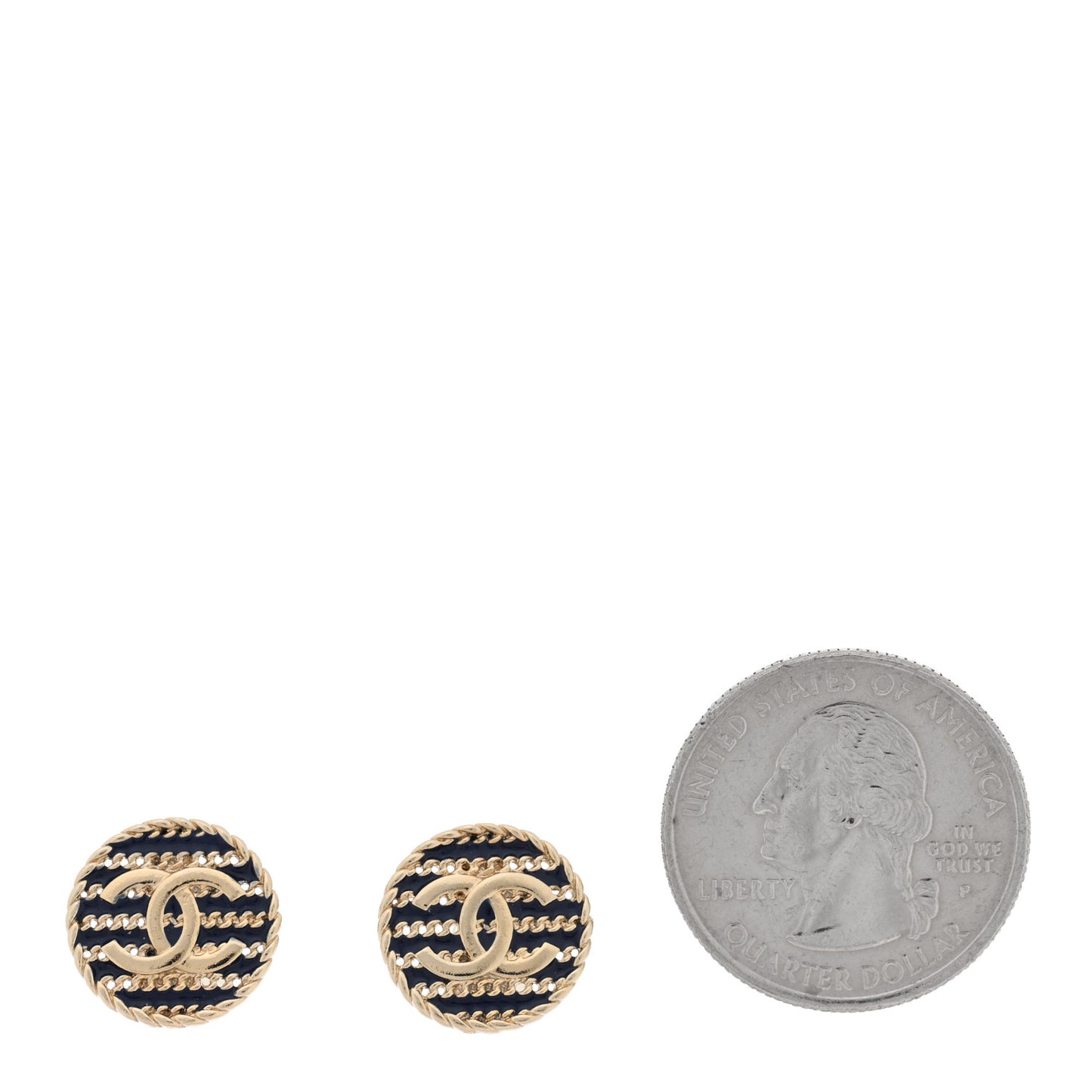 Metal Chain CC Round Clip On Earrings Gold Blue