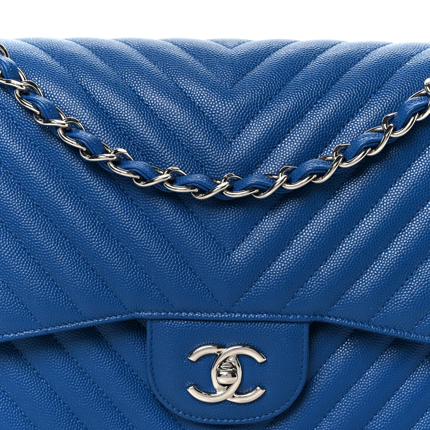 Caviar Chevron Quilted Jumbo Double Flap Blue