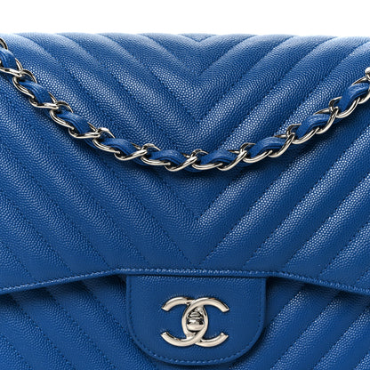 Chanel Caviar Chevron Quilted Jumbo Double Flap Blue 9 of 11