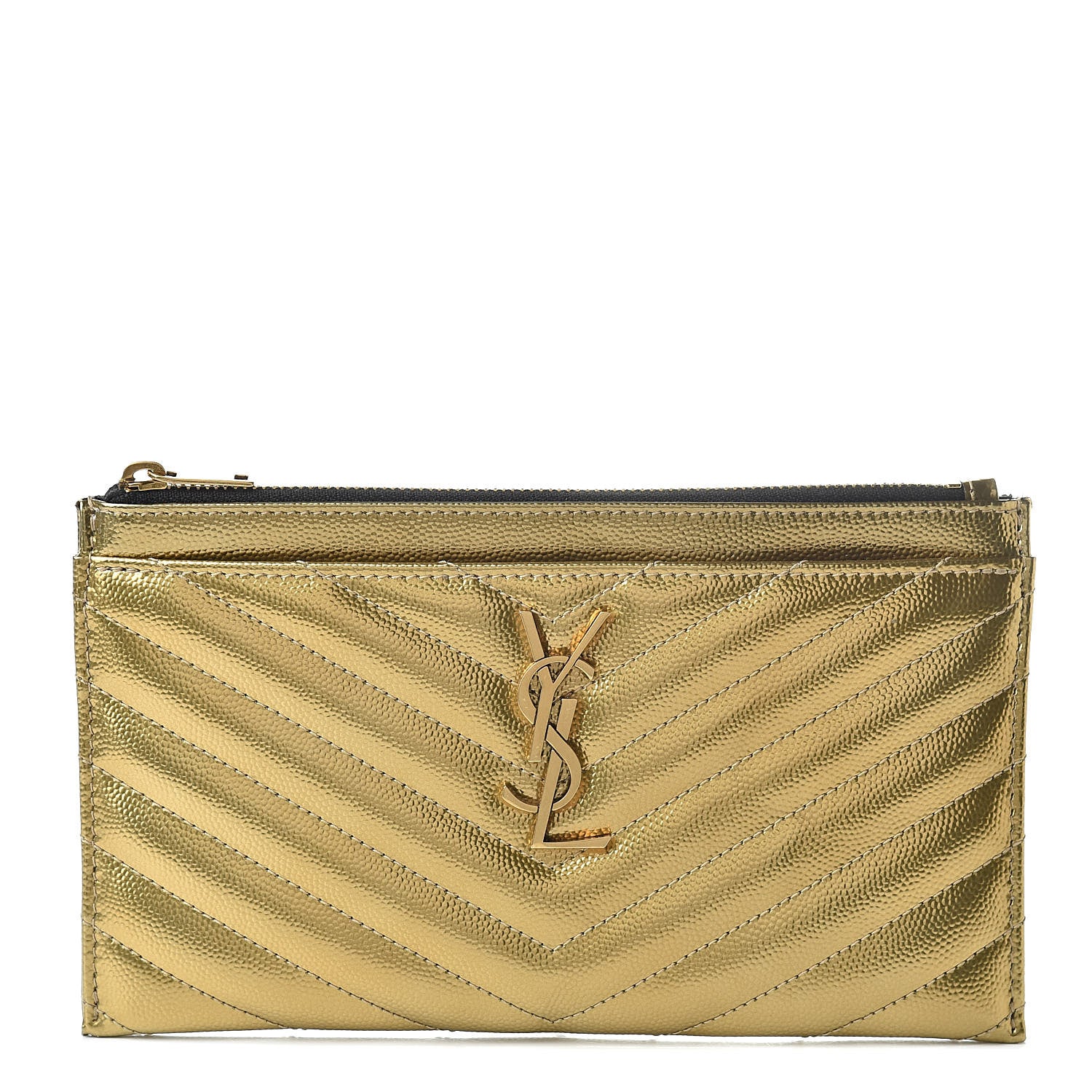 Saint Laurent Iridescent Grain De Poudre Matelasse Chevron Monogram Bill Pouch Gold 1 of 8