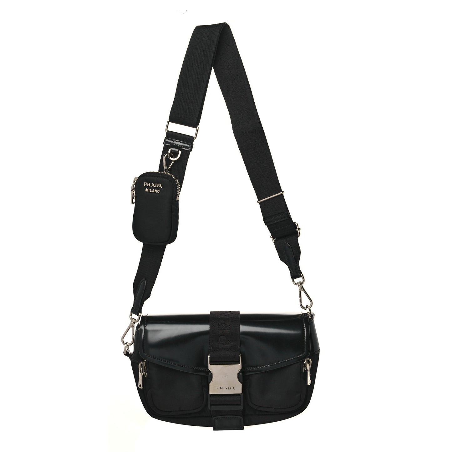 Re-Nylon Spazzolato Double Pocket Buckle Shoulder Bag Black