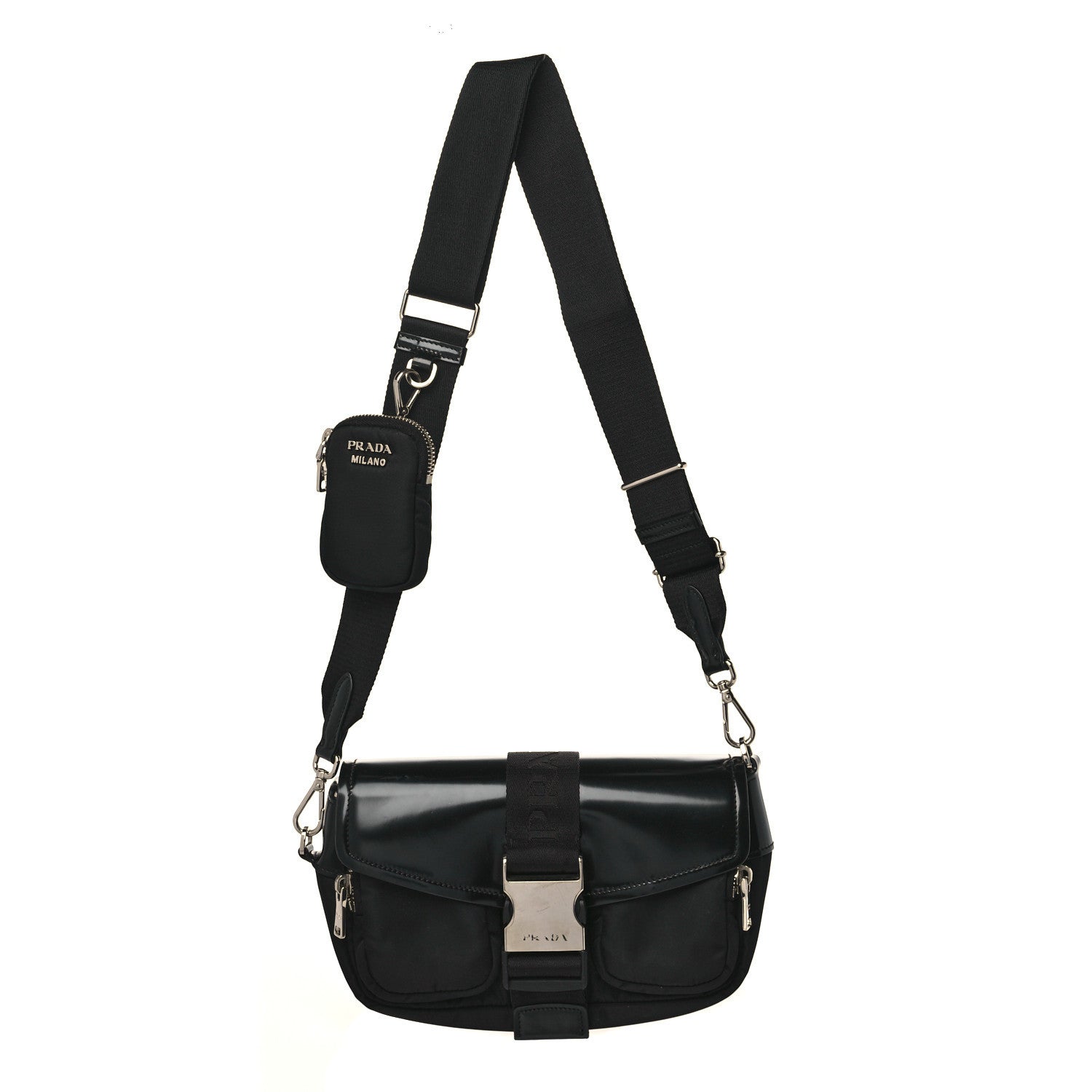Prada Re-Nylon Spazzolato Double Pocket Buckle Shoulder Bag Black 1 of 9