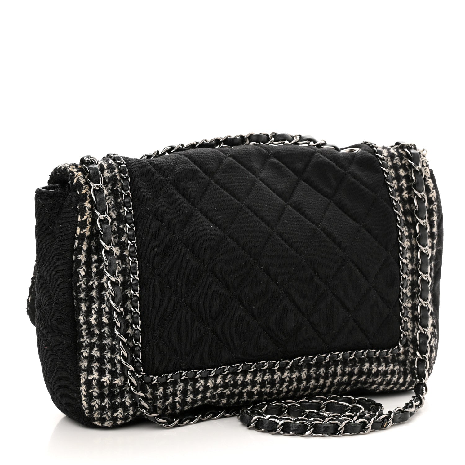 Chanel Tweed Jersey Quilted Medium Flap Black Ecru 2 of 9