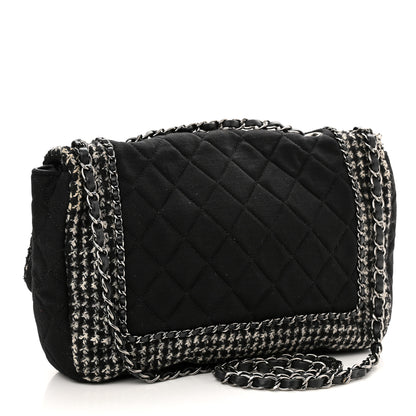 Chanel Tweed Jersey Quilted Medium Flap Black Ecru 2 of 9