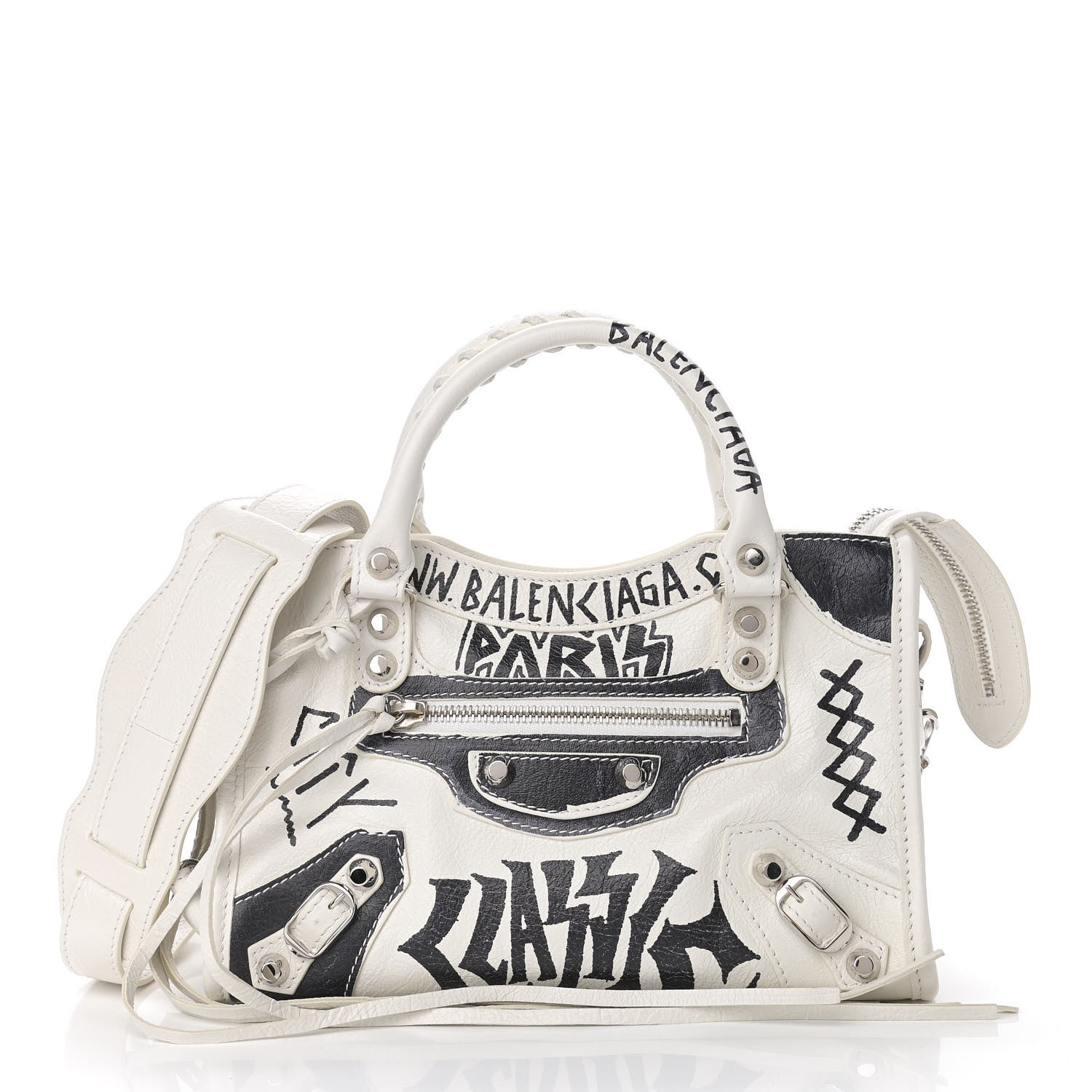 Balenciaga Agneau Arena Graffiti All Over Classic Silver Hardware Mini City White Black 3 of 11