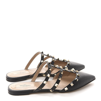 Valentino Garavani Pebbled Calfskin Rockstud Flat Cage Mules 36.5 Black 4 of 11