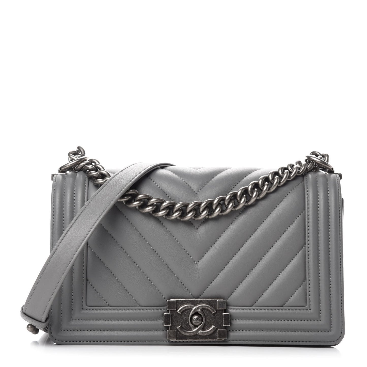 Calfskin Chevron Quilted Medium Boy Flap Grey