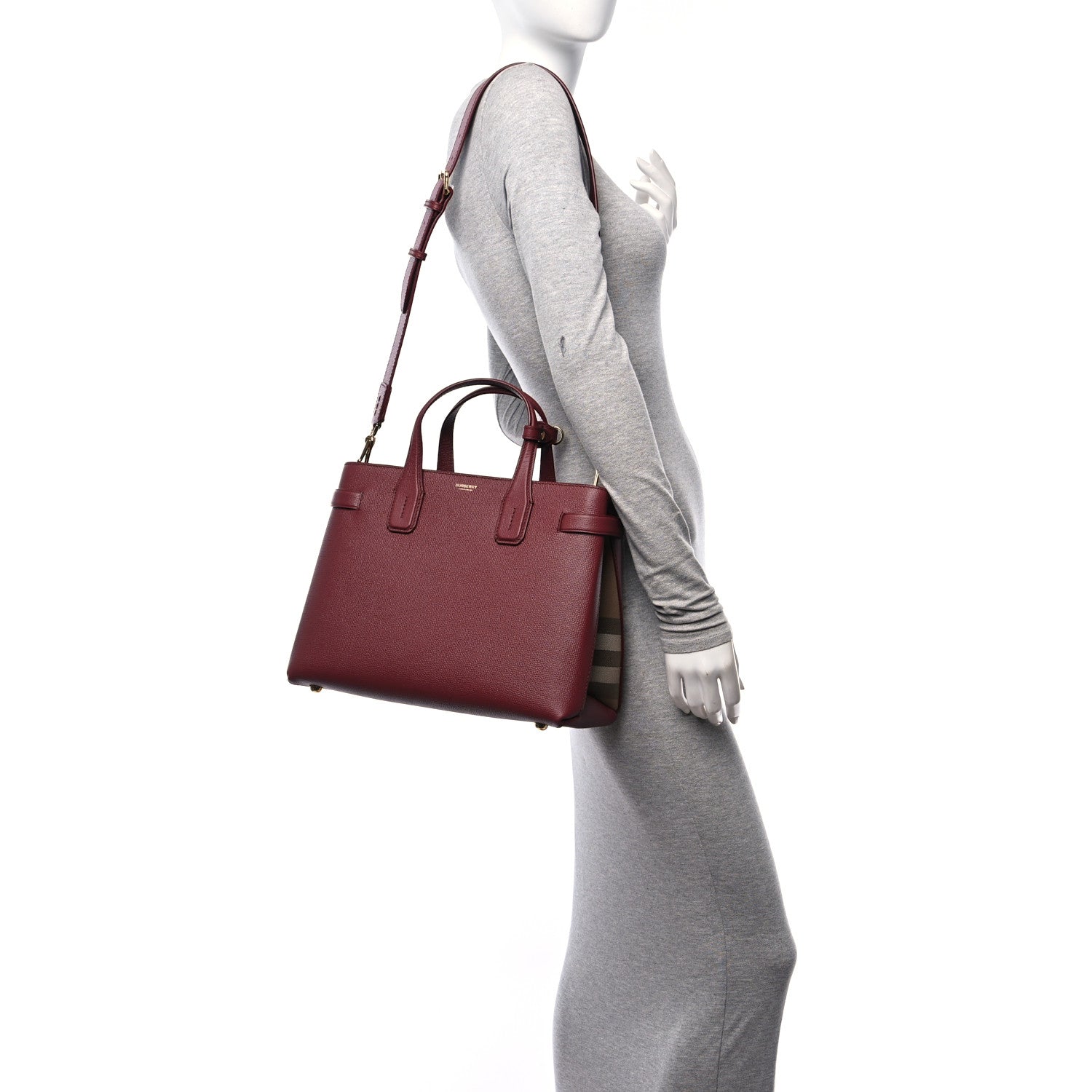 Burberry Grainy Calfskin House Check Medium Banner Tote Crimson 2 of 13