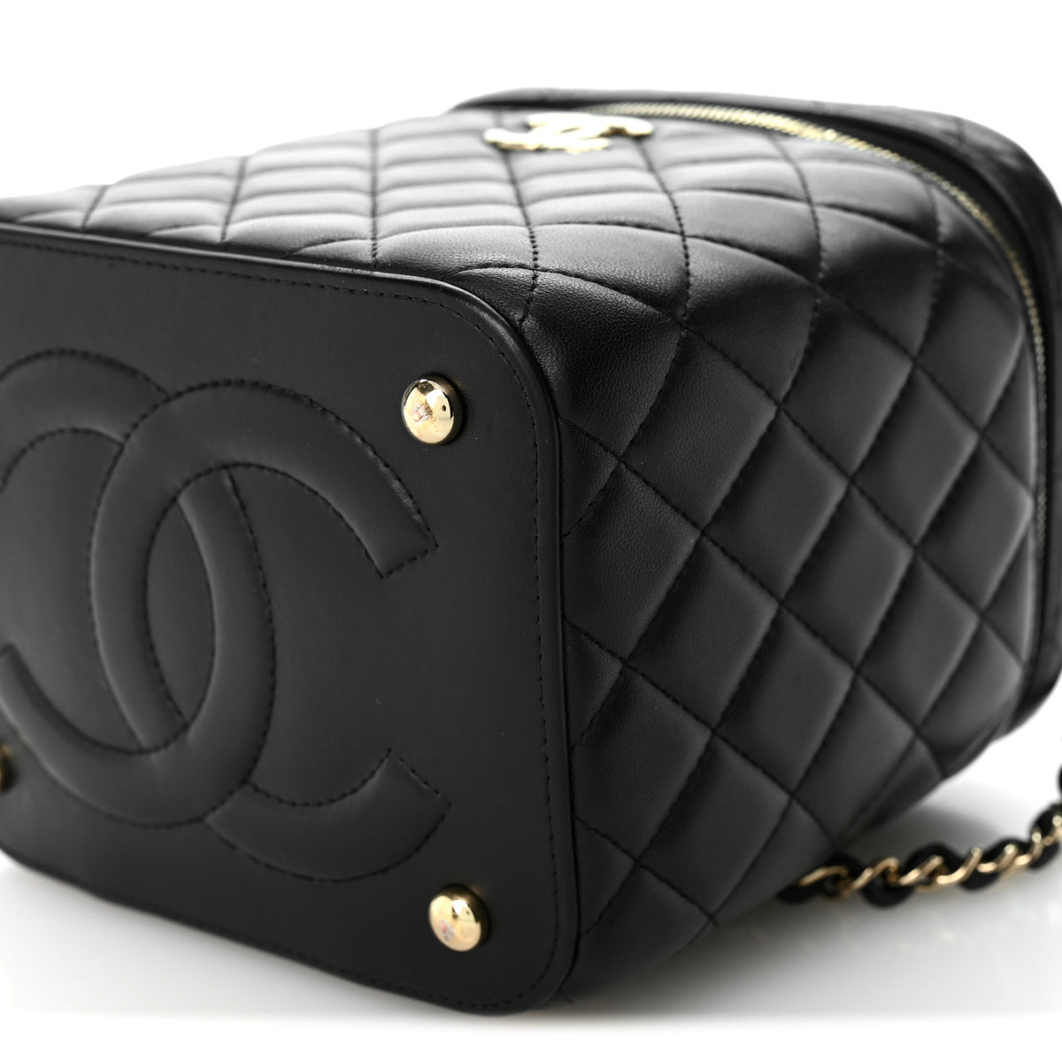 Lambskin Quilted Top Handle Vanity Case With Chain Black