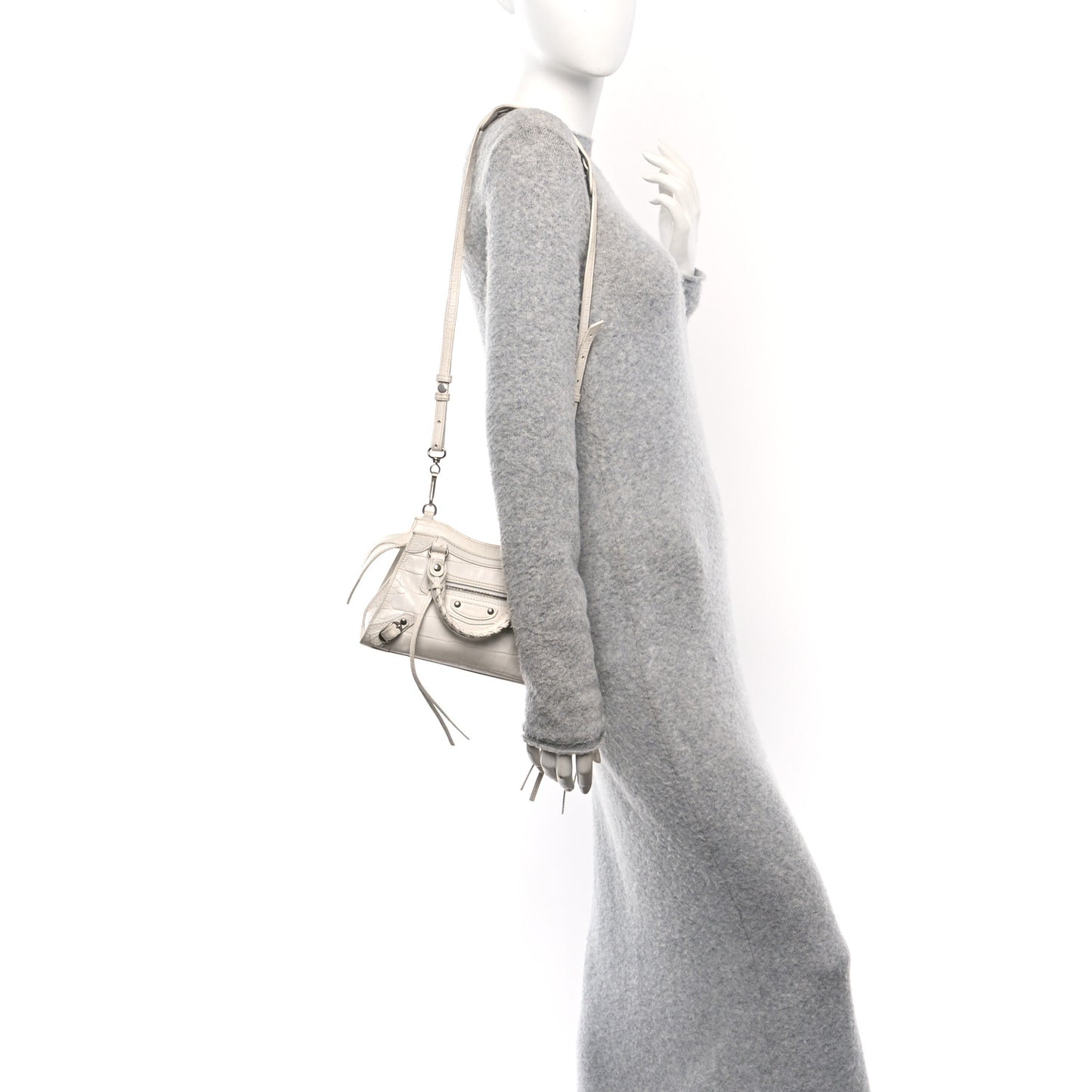 Semi Shiny Calfskin Crocodile Embossed Neo Classic Silver Hardware Mini City White