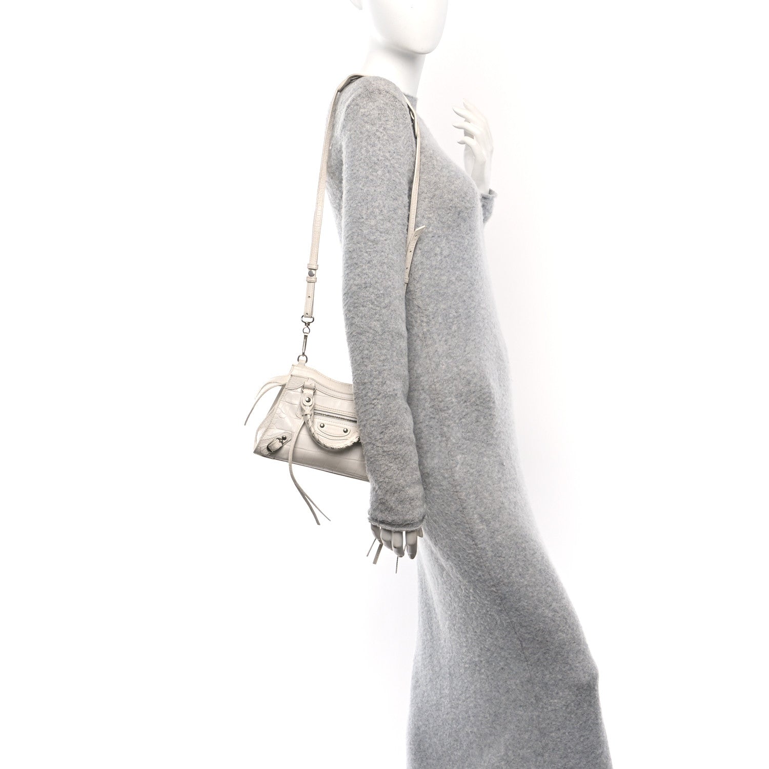 Balenciaga Semi Shiny Calfskin Crocodile Embossed Neo Classic Silver Hardware Mini City White 2 of 12