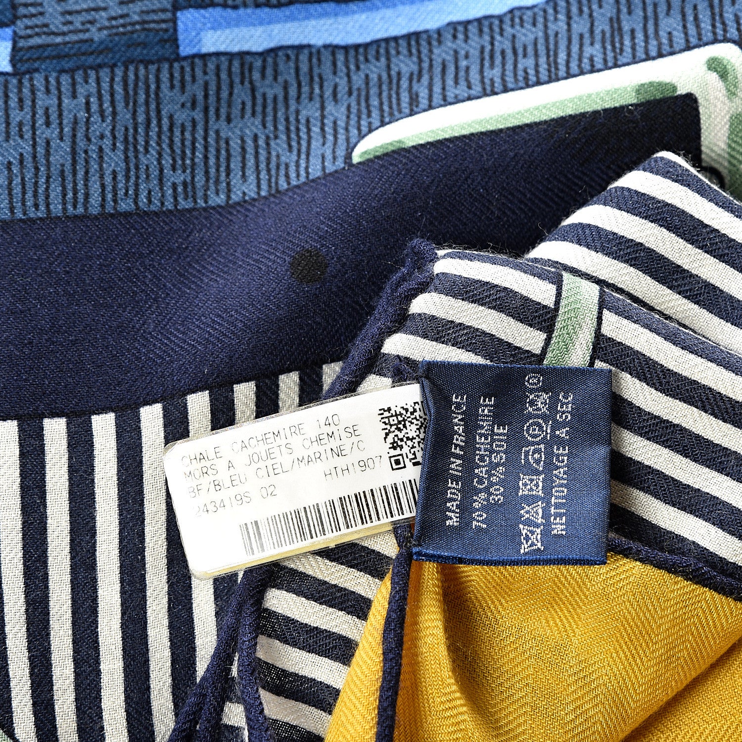 Hermes Cashmere Silk Mors A Jouets Chemise Shawl 140 Bleu Ciel Marine 6 of 6
