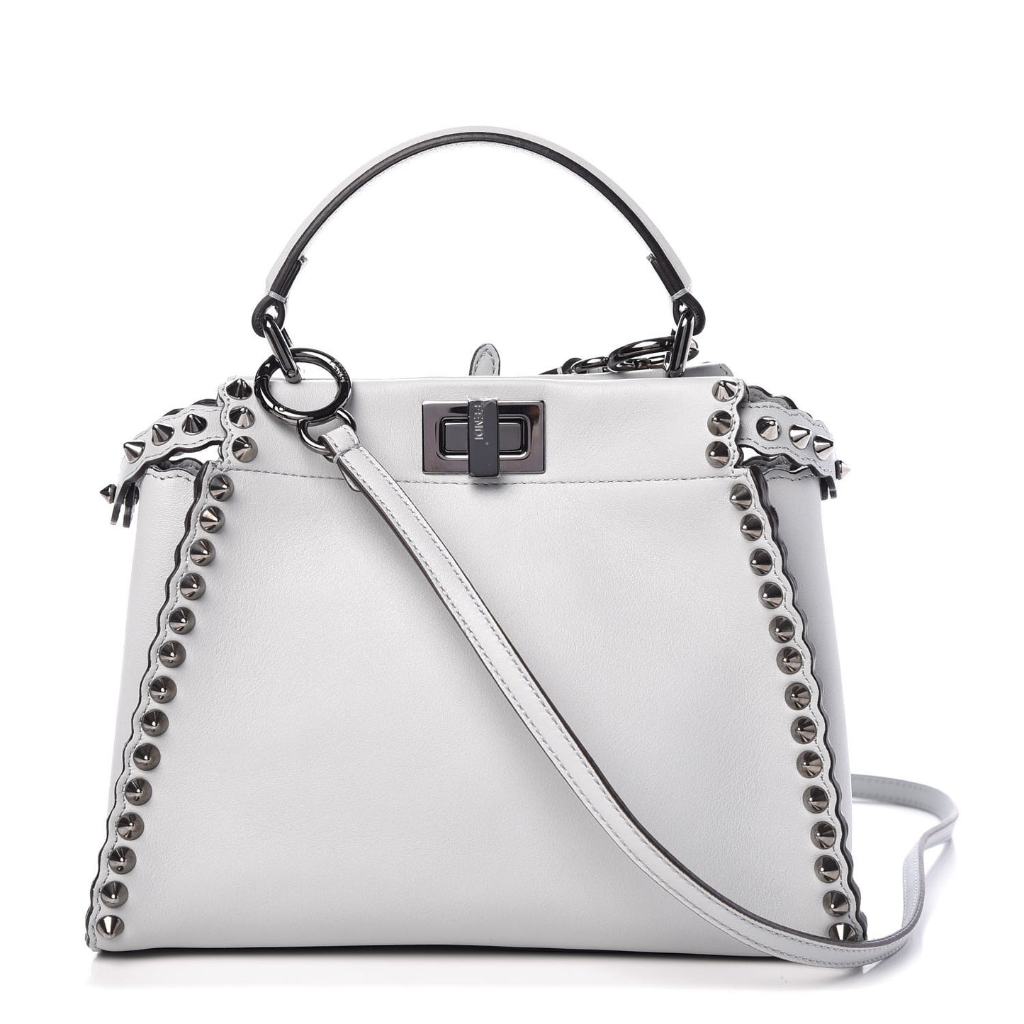 Vitello Seta Shiny Nappa Scalloped Studded Mini Peekaboo Iconic Satchel Grigio Perla