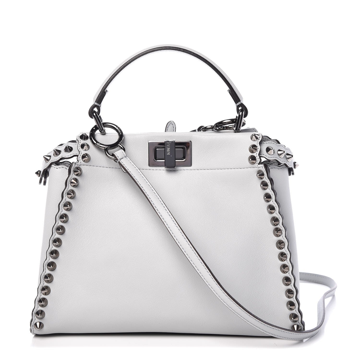 Fendi Vitello Seta Shiny Nappa Scalloped Studded Mini Peekaboo Iconic Satchel Grigio Perla 1 of 9