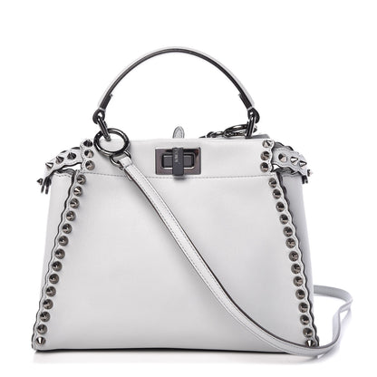 Fendi Vitello Seta Shiny Nappa Scalloped Studded Mini Peekaboo Iconic Satchel Grigio Perla 1 of 9