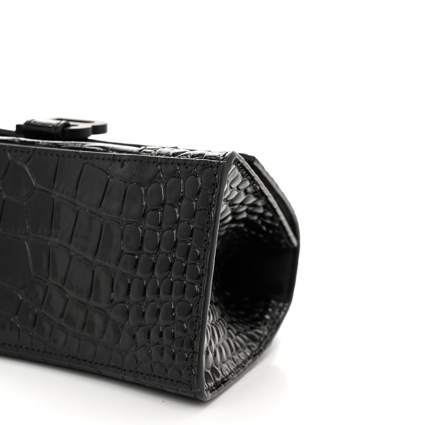 Shiny Calfskin Monochrome Crocodile Embossed Small Hourglass Top Handle Bag Black