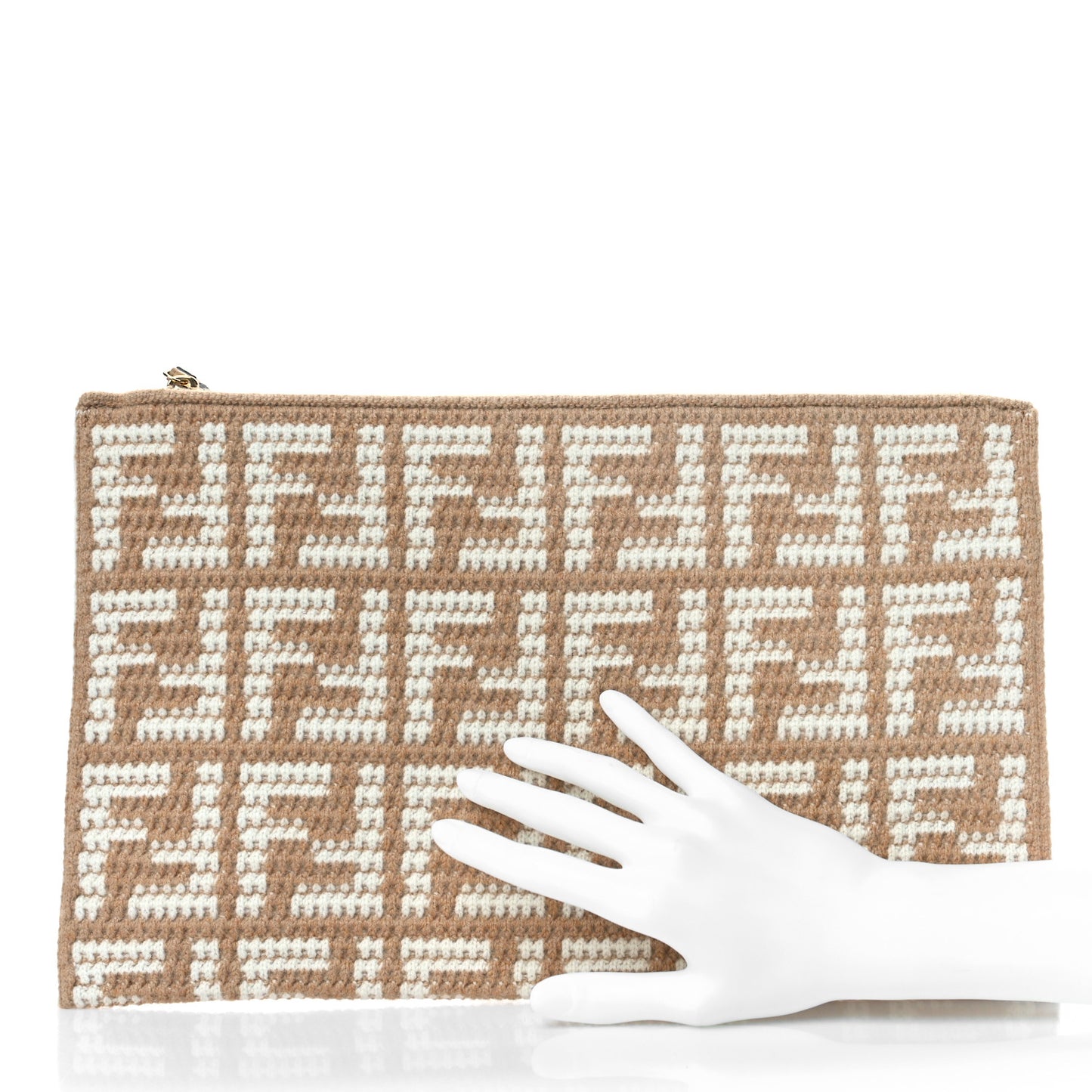 Fabric Calfskin FF Woven Large Flat Pouch Cammello