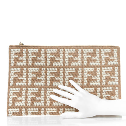 Fendi Fabric Calfskin FF Woven Large Flat Pouch Cammello 2 of 9