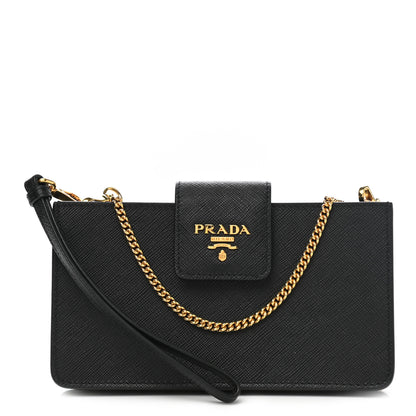 Prada Saffiano Metal Mini Chain Wallet Black 1 of 9