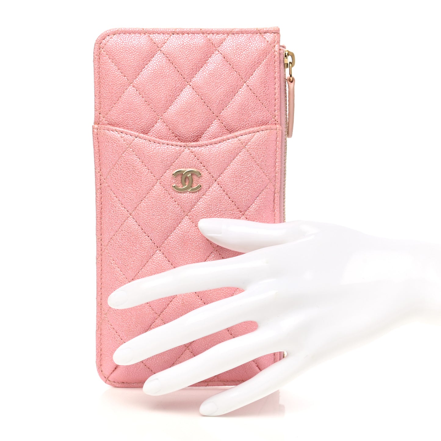 Iridescent Caviar Quilted Classic iPhone Pouch Rose Pink