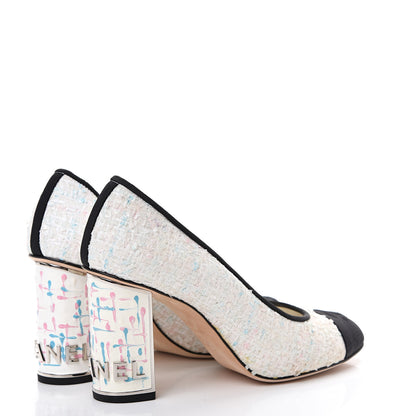 Chanel Tweed Grosgrain Cap Toe Logo Pumps 37.5 Black White Blue Pink 4 of 11