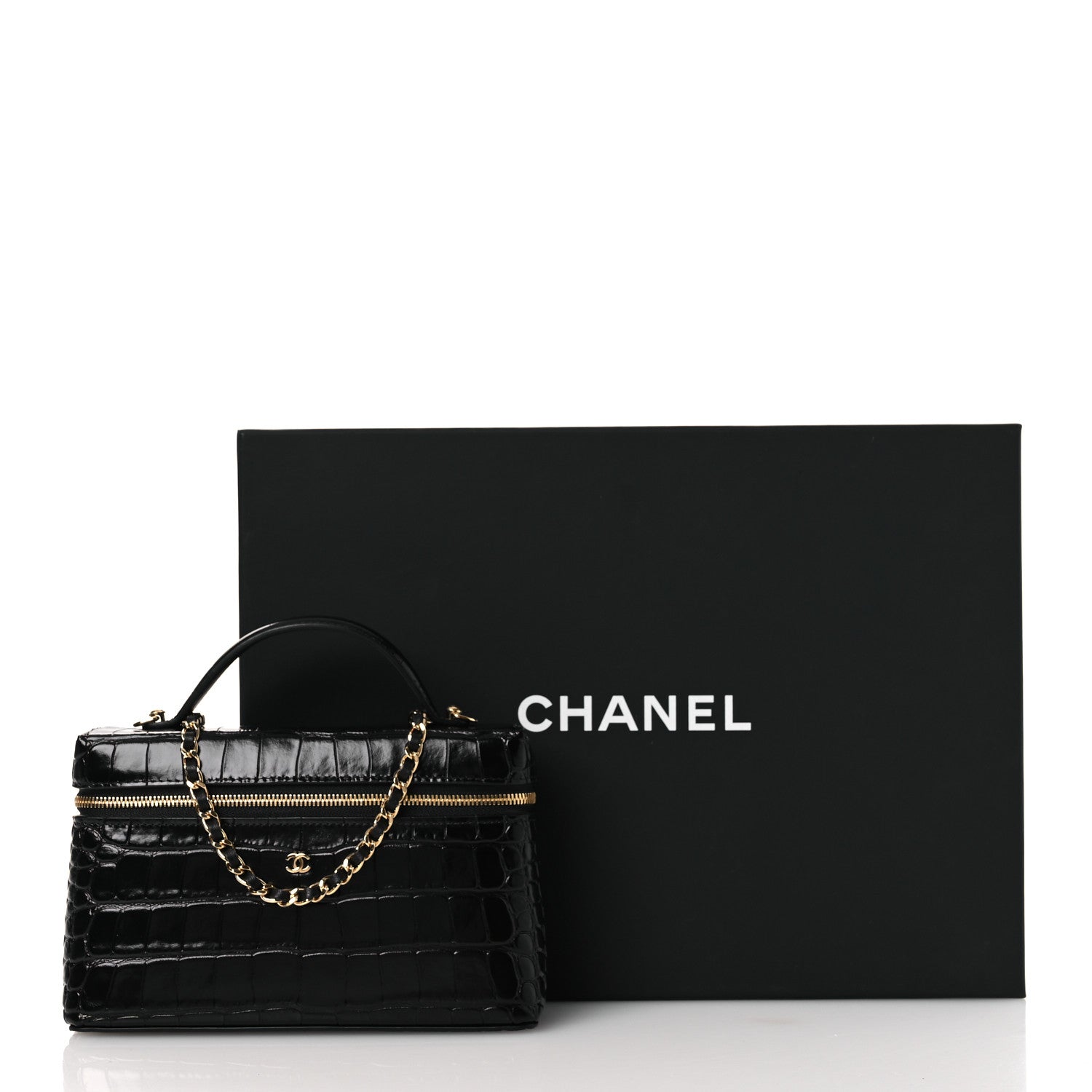 ウ*ミ様 CHANEL ツイードハンドバッグ ブラック・ゴールドノベルティ Chanel Calfskin Crocodile Embossed Top Handle Slim Vanity Case