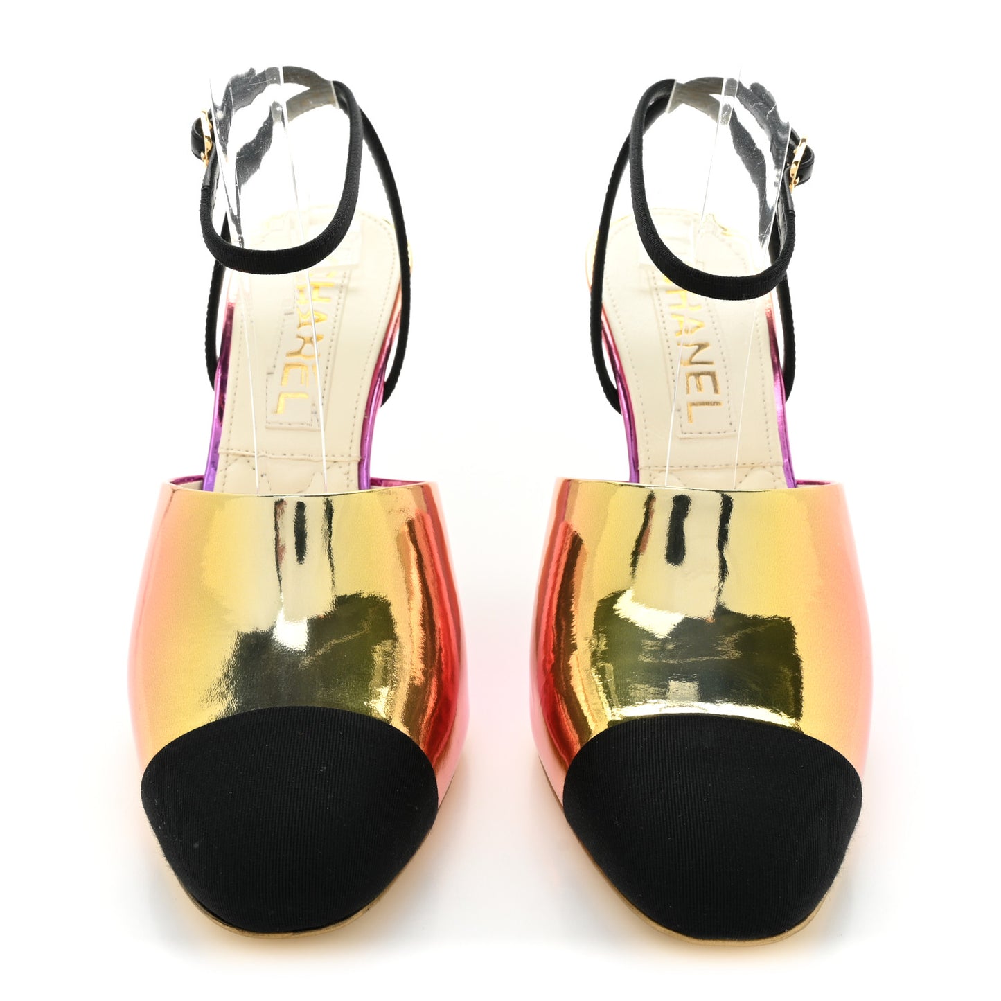 Laminated Calfskin Grosgrain Cap Toe CC Wedge Pumps 36.5 Pink Orange Yellow Black