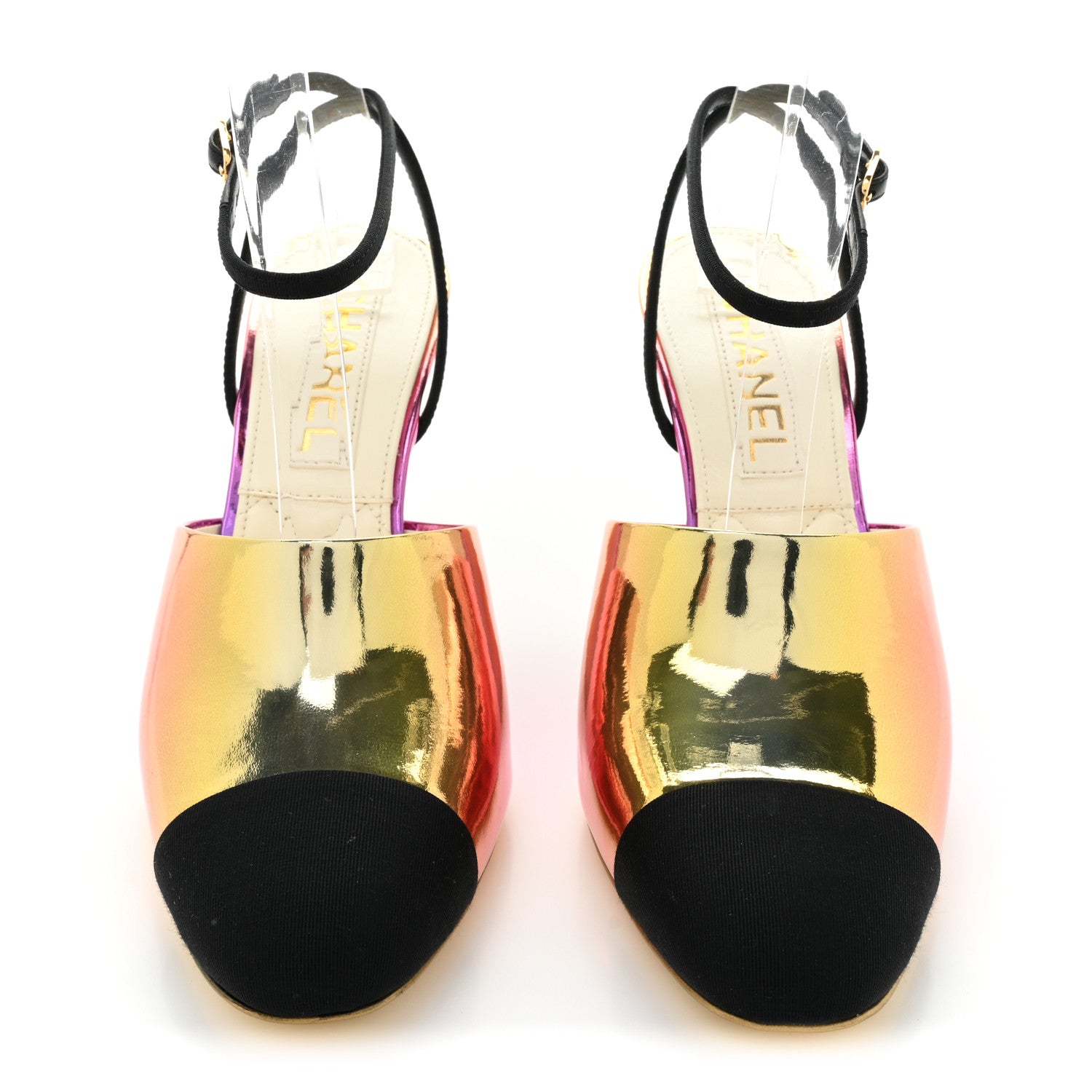 Chanel Laminated Calfskin Grosgrain Cap Toe CC Wedge Pumps 36.5 Pink Orange Yellow Black 2 of 9