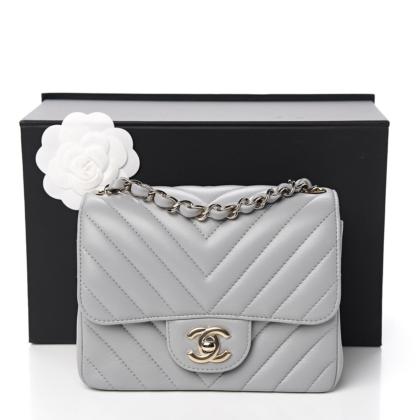 Lambskin Chevron Quilted Mini Square Flap Grey
